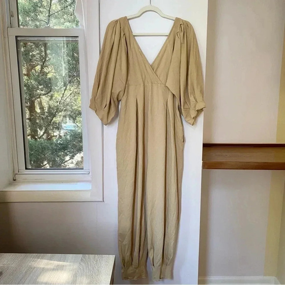 New Free People Lotta Love Jumpsuit Romper Onesie Puff Sleeve in Tan Brown Small - Picture 10 of 12